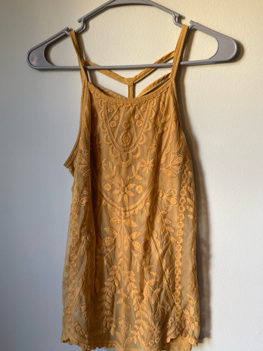Rewind Mustard Lace-Embroidered Strappy Camisole